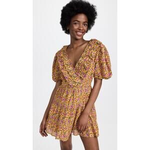 NWT Rahi Del Sole Chiara Floral Mini Dress Size Medium Yellow Ruffle Puff Sleeve